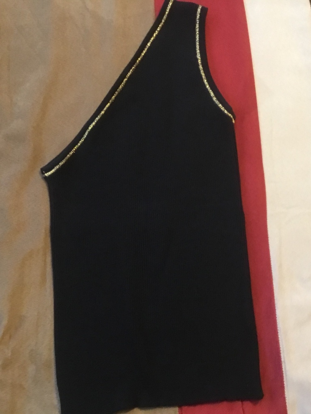 Celine one shoulder top in black and gold trim (L)